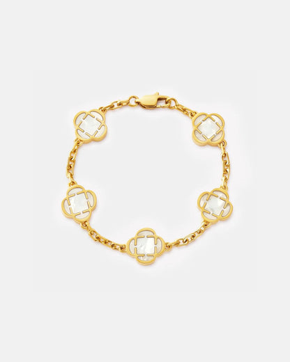 Pearl-White Clover Charm Bracelet, Gold-Plated Stainless Steel