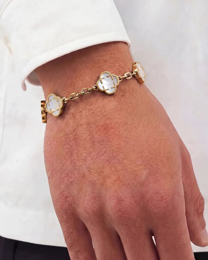 Pearl-White Clover Charm Bracelet, Gold-Plated Stainless Steel