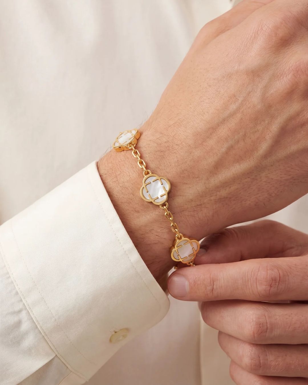 Pearl-White Clover Charm Bracelet, Gold-Plated Stainless Steel