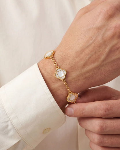 Pearl-White Clover Charm Bracelet, Gold-Plated Stainless Steel