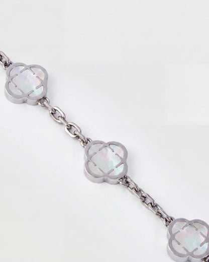 Pearl-White Clover Charm Bracelet, Silver-Plated Stainless Steel