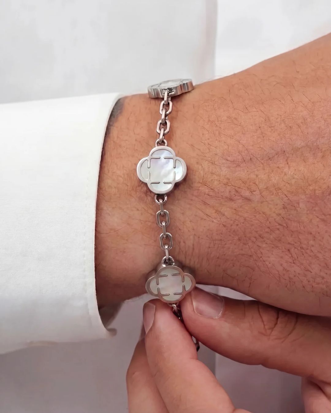Pearl-White Clover Charm Bracelet, Silver-Plated Stainless Steel