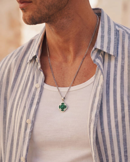 Green Clover Pendant Necklace, Silver-Plated Steel