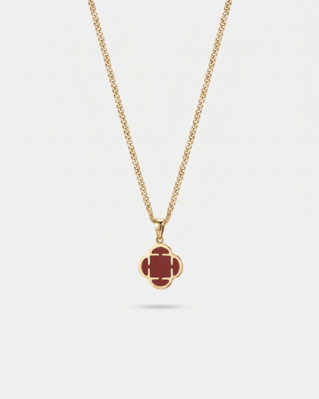 Burgundy Red Clover Pendant Necklace, Gold-Plated Steel