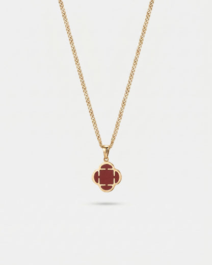 Burgundy Red Clover Pendant Necklace, Gold-Plated Steel