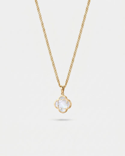 Pearlescent White Clover Pendant Necklace, Gold-Plated Steel