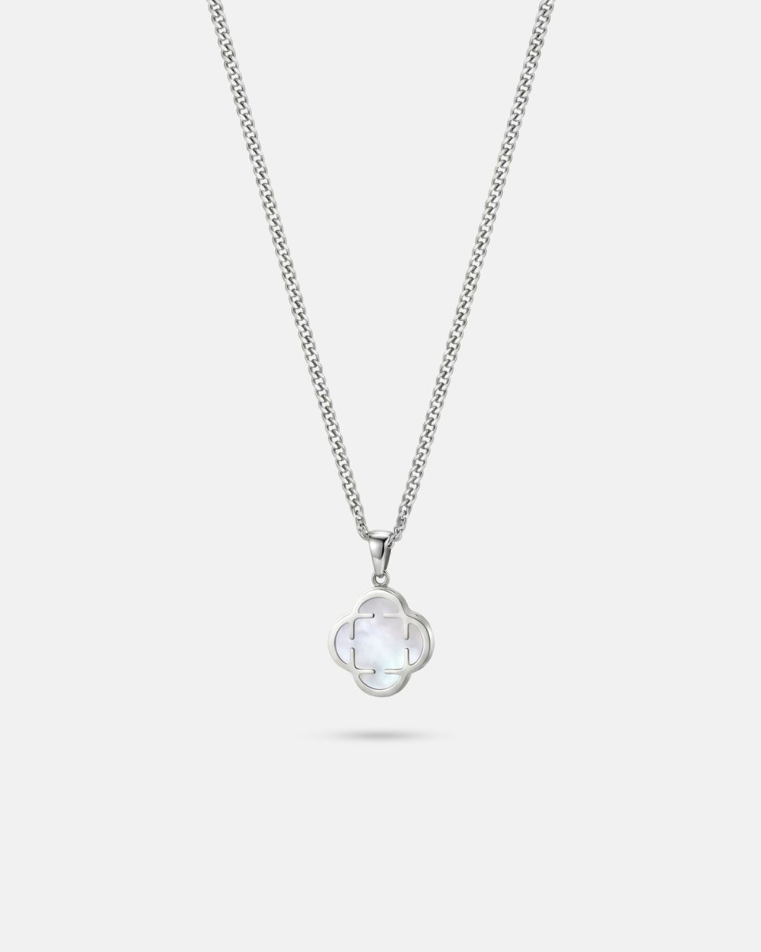 Pearlescent White Clover Pendant Necklace, Silver-Plated Steel
