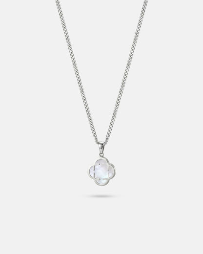 Pearlescent White Clover Pendant Necklace, Silver-Plated Steel