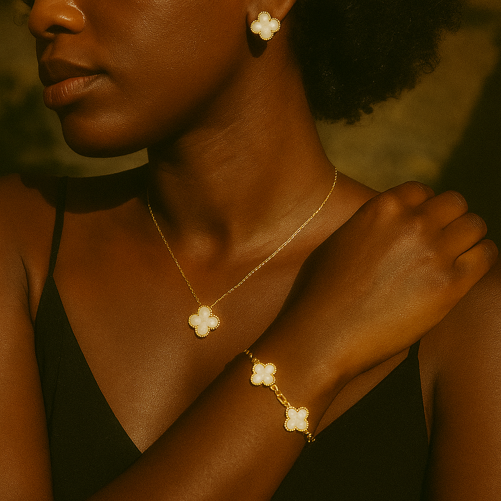 White Clover Necklace Bracelet Earrings Set