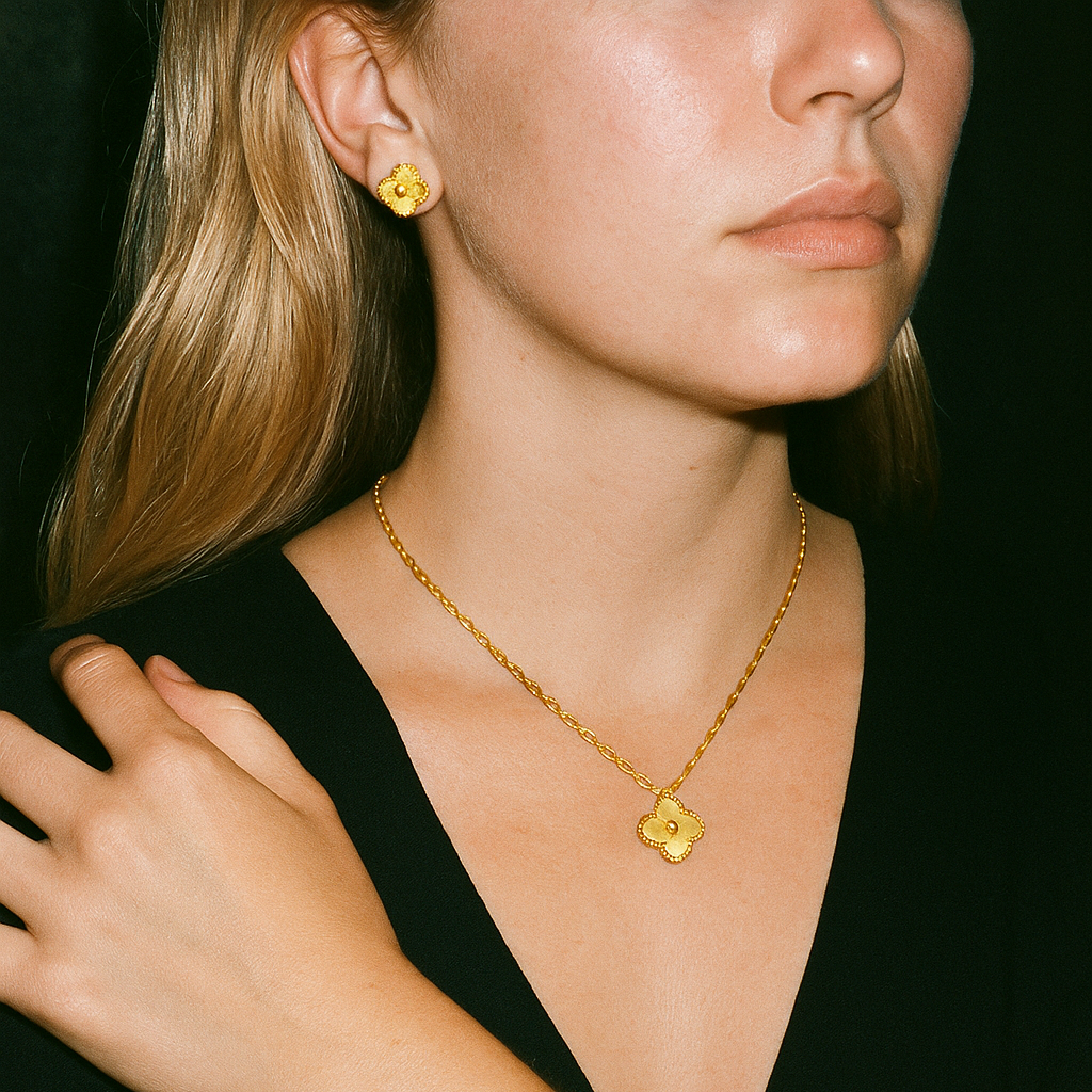 Gold-Tone Clover Necklace Bracelet Earrings Set