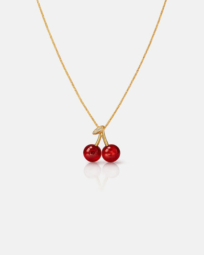 Red Cherry Pendant Necklace, Gold-Plated Metal