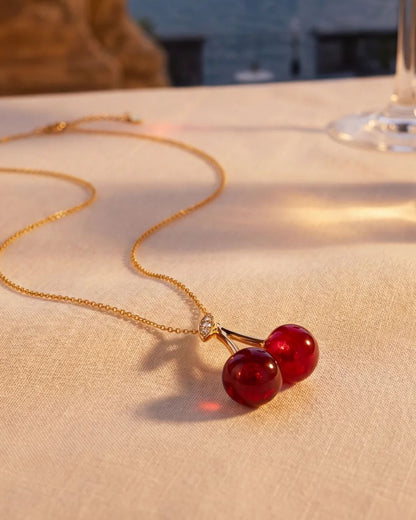 Red Cherry Pendant Necklace, Gold-Plated Metal