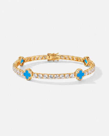 Azure Blue Clover Tennis Bracelet, Gold-Plated