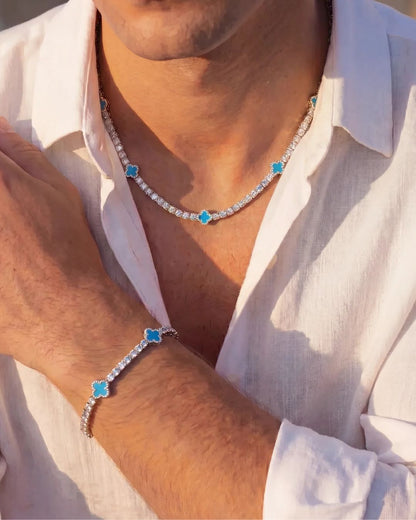 Azure Blue Clover Tennis Necklace, Silver-Plated