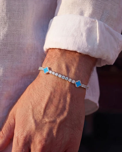 Azure Blue Clover Tennis Bracelet, Gold-Plated