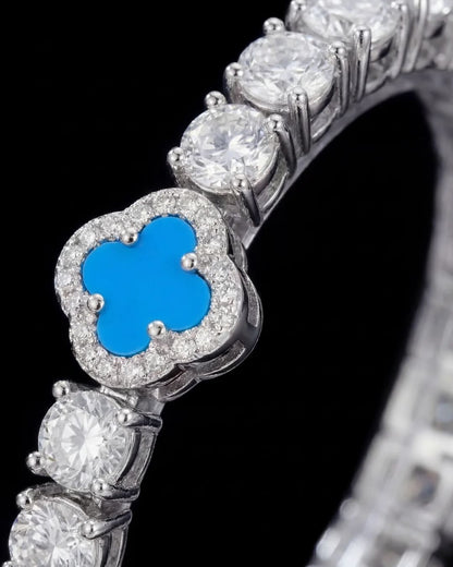 Azure Blue Clover Tennis Necklace, Silver-Plated