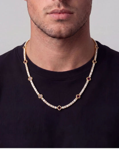 Burgundy Red Clover Tennis Necklace, Gold-Plated