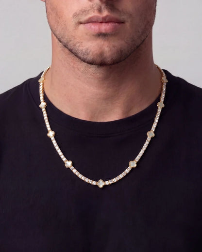 Pearlescent White Clover Tennis Necklace, Gold-Plated