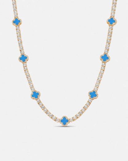Azure Blue Clover Tennis Necklace, Gold-Plated