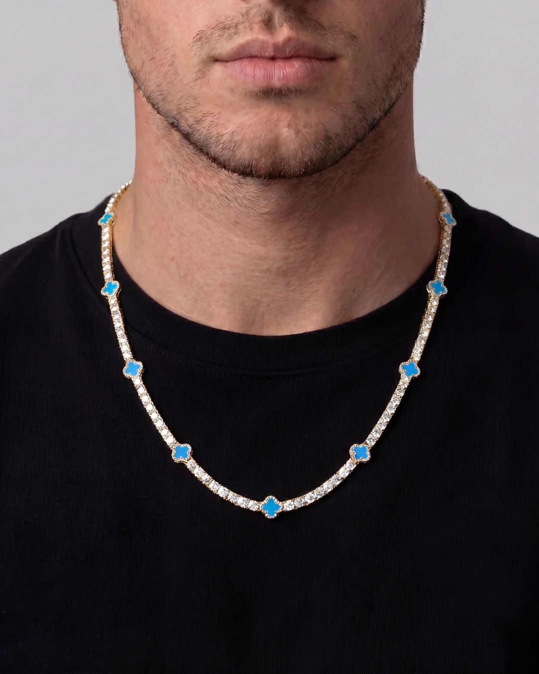 Azure Blue Clover Tennis Necklace, Gold-Plated