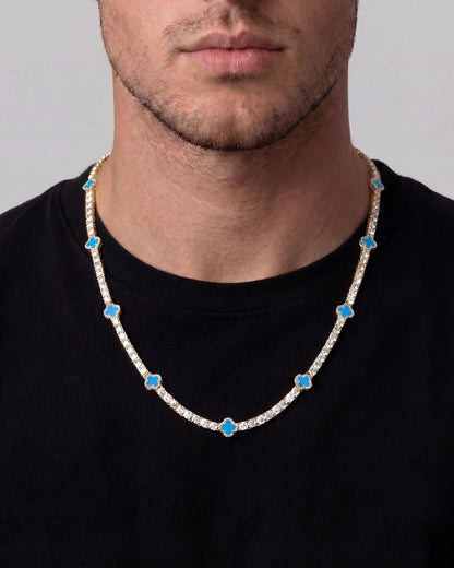 Azure Blue Clover Tennis Necklace, Gold-Plated