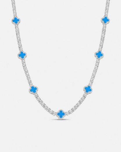 Azure Blue Clover Tennis Necklace, Silver-Plated