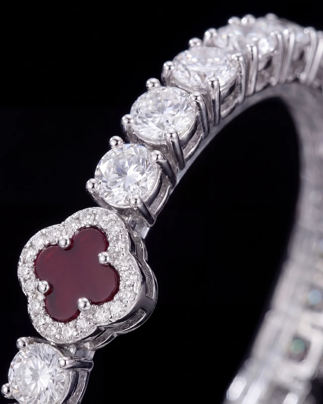 Burgundy Red Clover Tennis Necklace, Silver-Plated