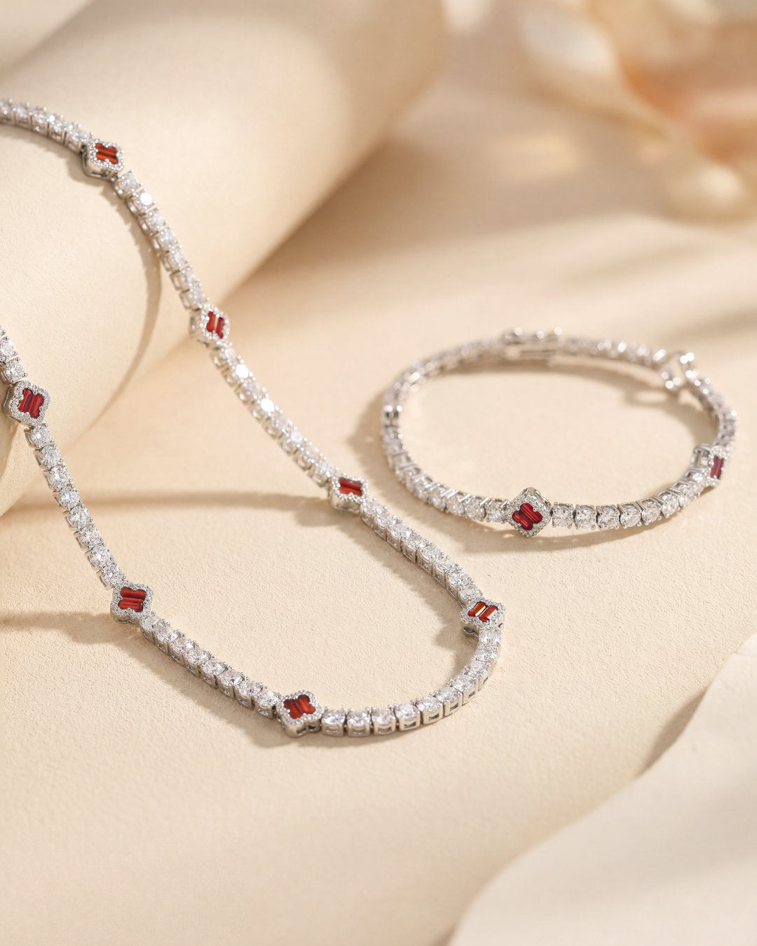 Burgundy Red Clover Tennis Necklace, Silver-Plated