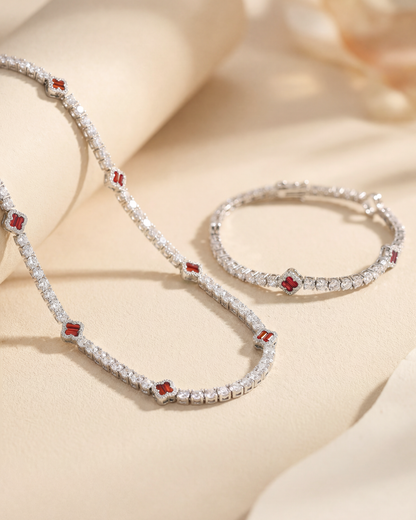 Burgundy Red Clover Tennis Necklace, Silver-Plated