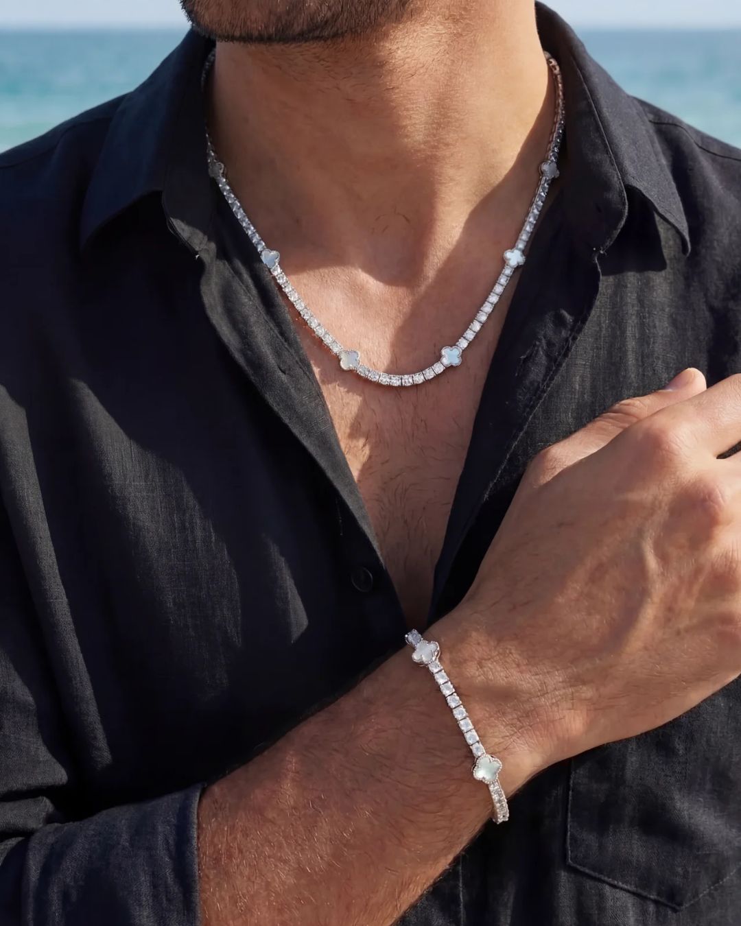 Pearlescent White Clover Tennis Bracelet, Silver-Plated