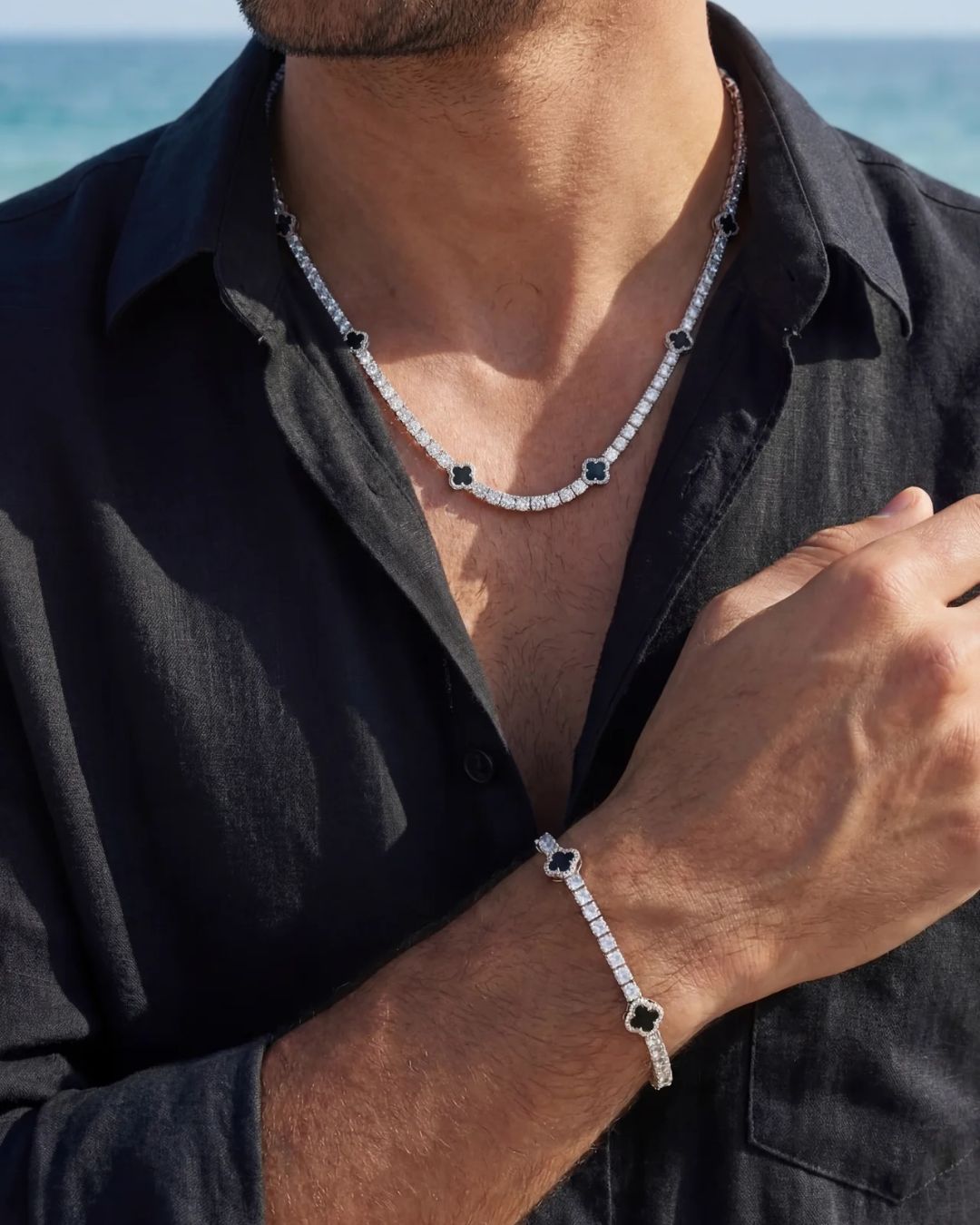 Black Clover Tennis Bracelet, Silver-Plated