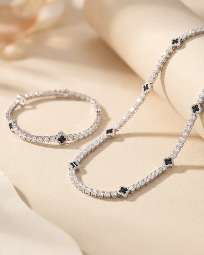 Black Clover Tennis Necklace, Silver-Plated