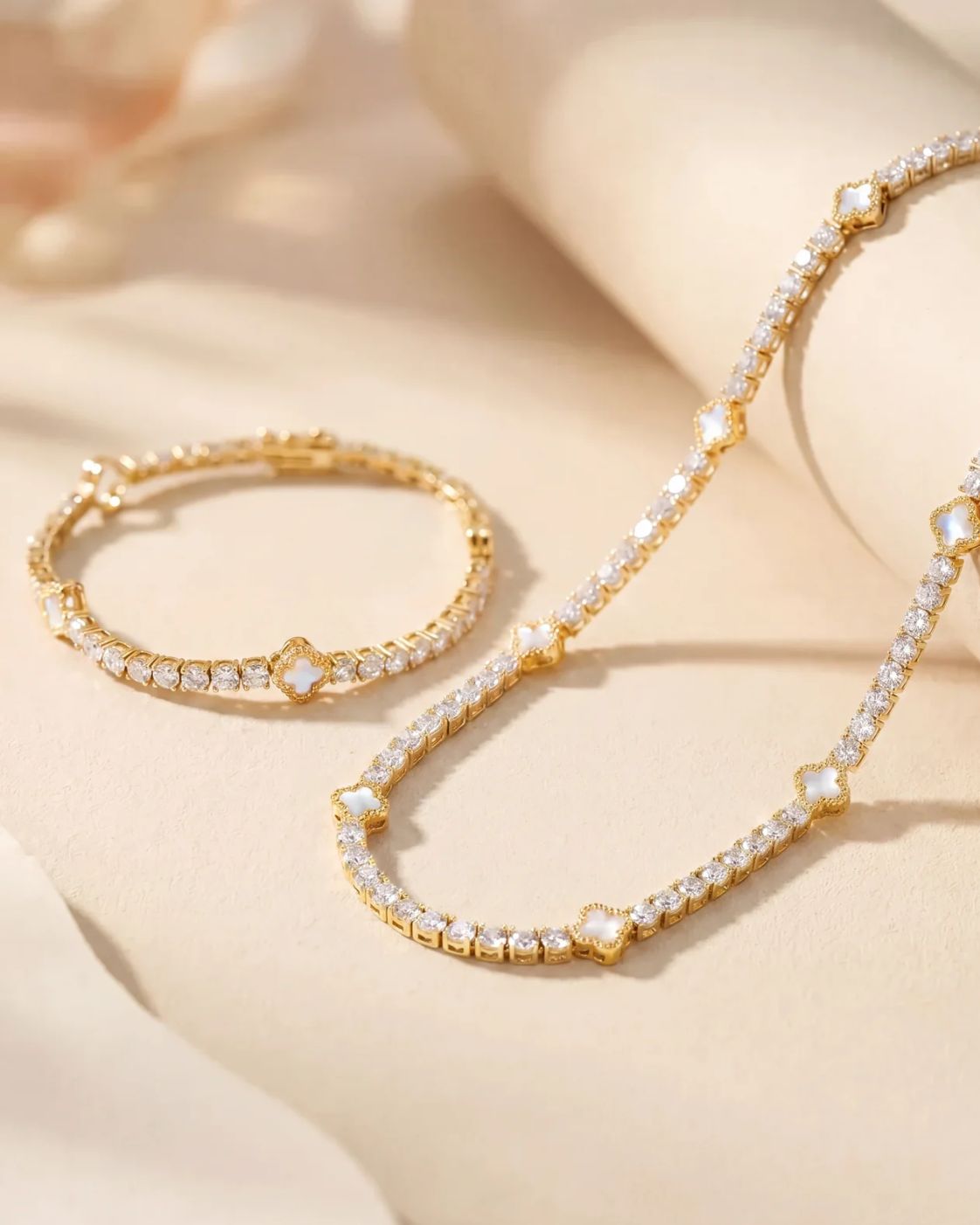 Pearlescent White Clover Tennis Bracelet, Gold-Plated