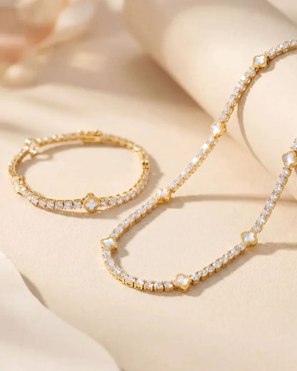 Pearlescent White Clover Tennis Necklace, Gold-Plated