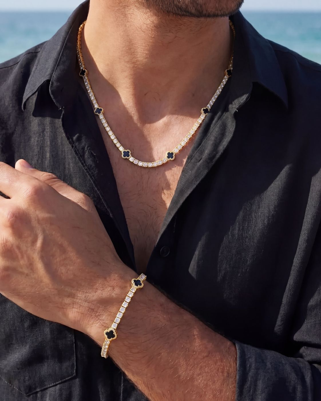 Black Clover Tennis Bracelet, Gold-Plated