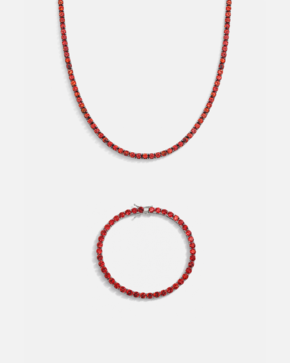 Red Zircon Tennis Necklace and Bracelet Set, 4 mm, White-Gold-Plated