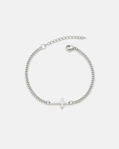 Men’s Cuban Link Cross Bracelet, Silver-Tone Stainless Steel
