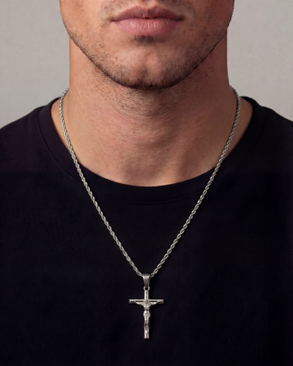 Men’s Crucifix Pendant Rope Necklace, Silver-Tone Steel
