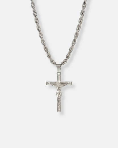 Men’s Crucifix Pendant Rope Necklace, Silver-Tone Steel