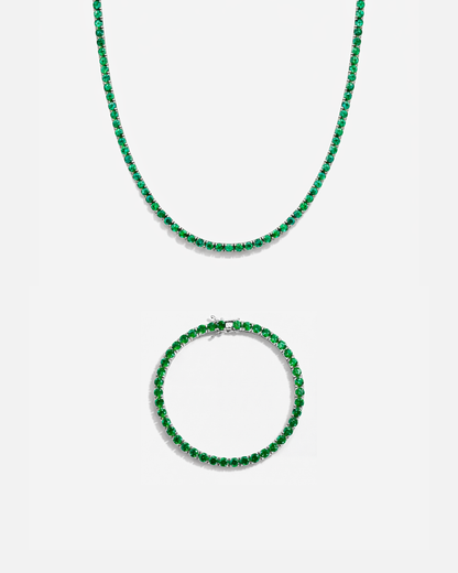 Green Zircon Tennis Necklace and Bracelet Set, 4 mm, White-Gold-Plated