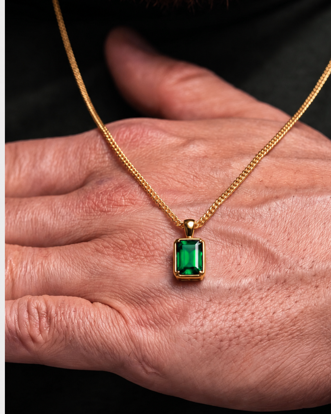 Men’s 1 Carat Lab-Grown Emerald Pendant Necklace, 18K Gold-Plated