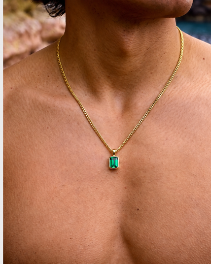 Men’s 1 Carat Lab-Grown Emerald Pendant Necklace, 18K Gold-Plated