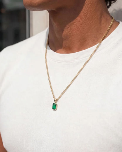 Men’s 1 Carat Lab-Grown Emerald Pendant Necklace, 18K Gold-Plated
