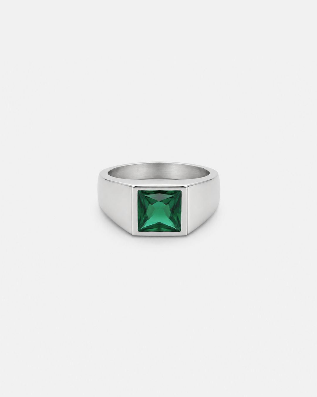 Men’s Green Zirconia Square Signet Ring, Silver-Tone