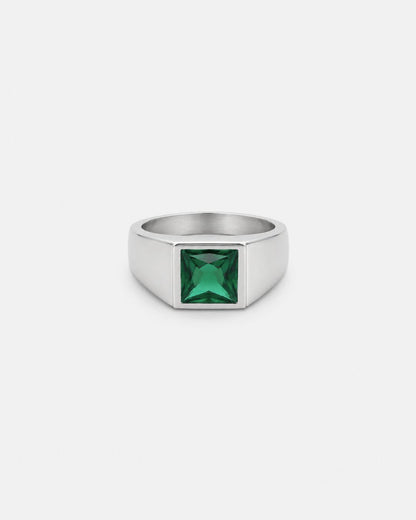 Men’s Green Zirconia Square Signet Ring, Silver-Tone