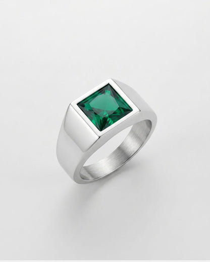 Men’s Green Zirconia Square Signet Ring, Silver-Tone