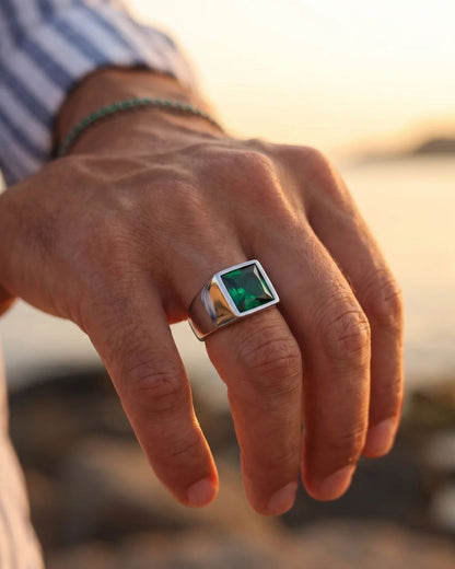 Men’s Green Zirconia Square Signet Ring, Silver-Tone