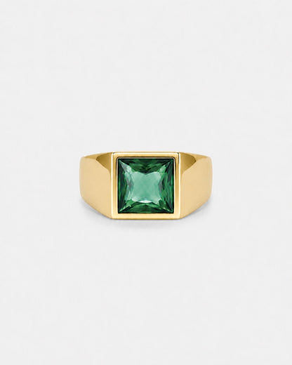 Men’s Green Zirconia Square Signet Ring, Gold-Tone
