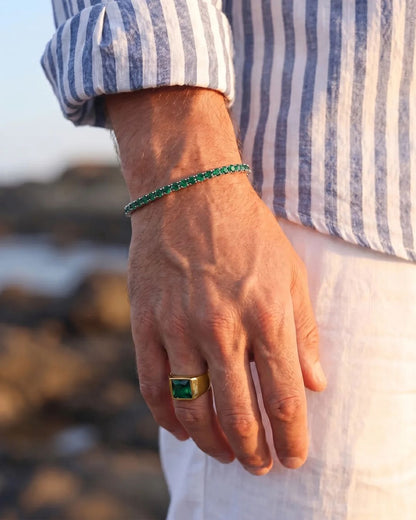 Men’s Green Zirconia Square Signet Ring, Gold-Tone