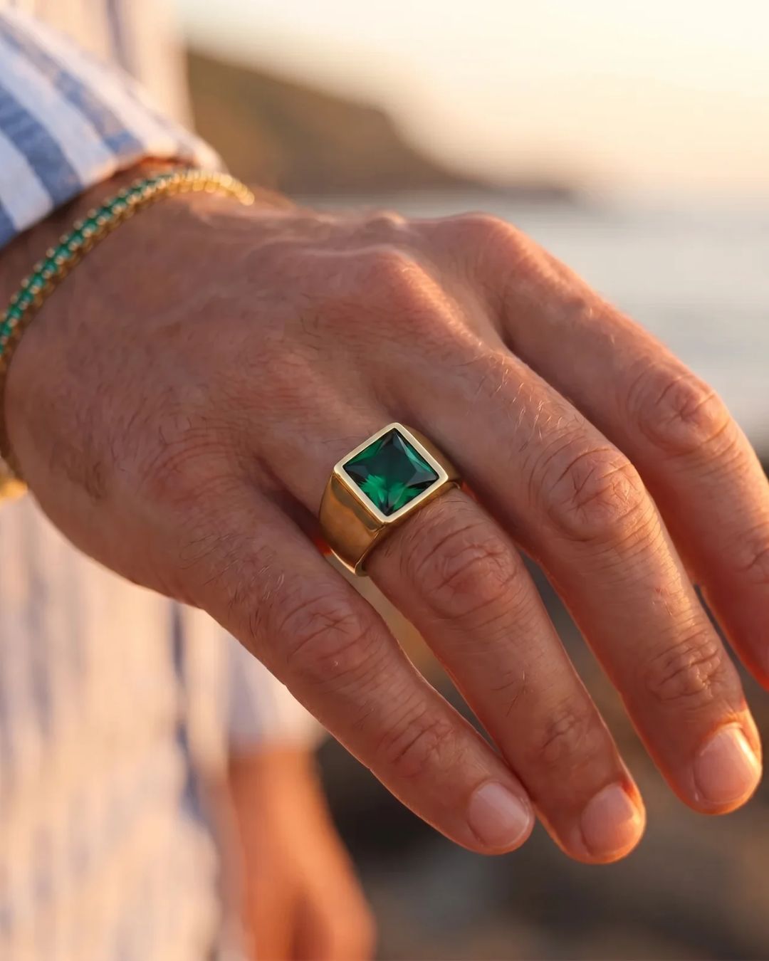 Men’s Green Zirconia Square Signet Ring, Gold-Tone